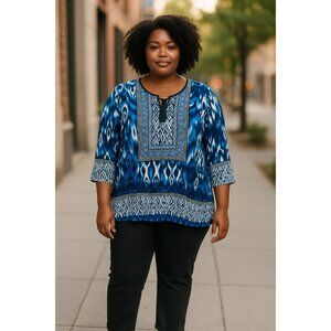 Jones New York Womens 2X Blue & White Printed Tunic Top With Tassel Tie Neckline